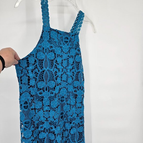 Sugar + Lips Midi Dress Small Blue Floral Lace Overlay Sleeveless Stretch NEW - Picture 3 of 11